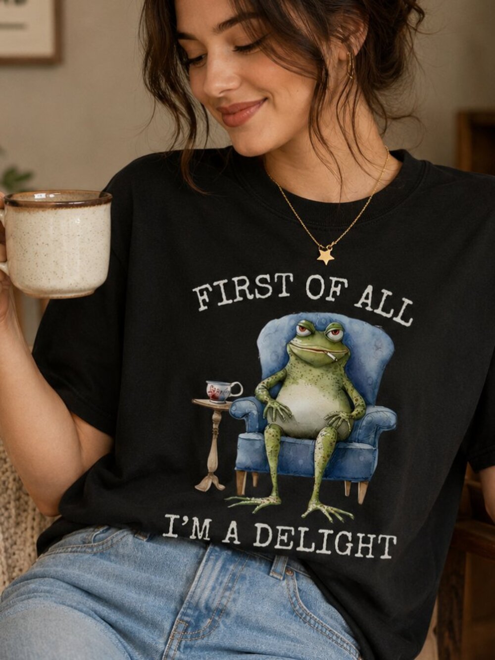 Funny Frog Quote Tee | “First of All I’m a Delight” Shirt | Sarcastic Frog Lover - Picture 2 of 3